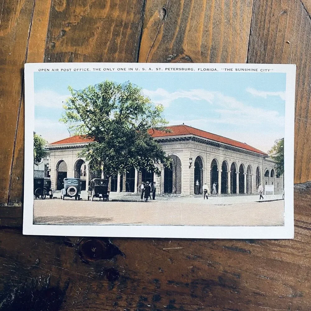 1920s Vintage Postcard People Cars Open Air Post Office St Petersburg Florida FL